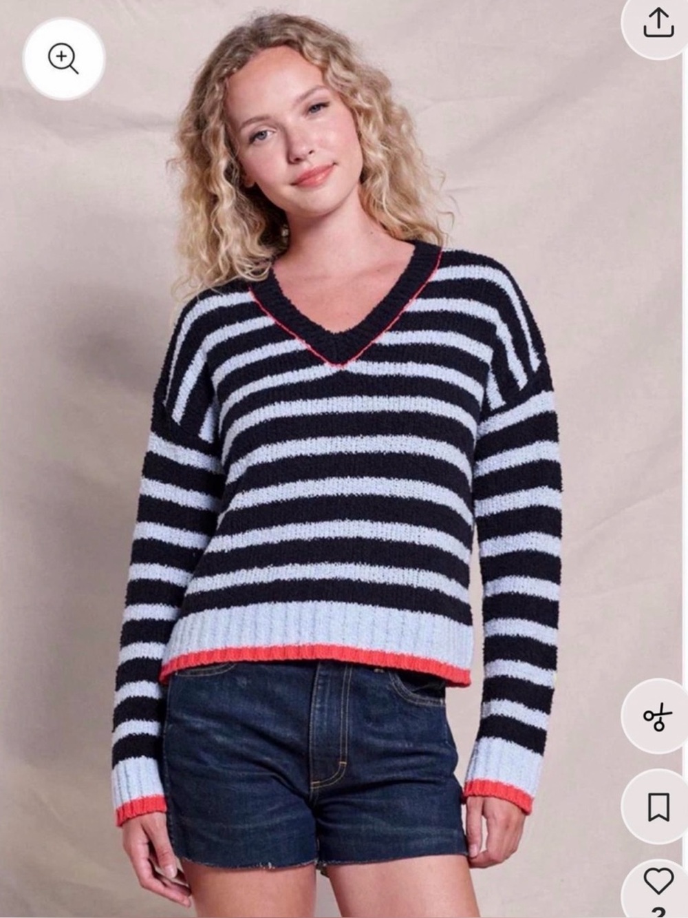 Anthropology Sundry Striped V‑Neck Sweater in Black & Light Blue Cozy Soft Sz M